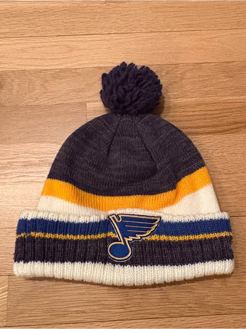 St Louis Blues NHL Knit Hat w Pom / Gray Cream Blue Yellow stripes / Unisex OSFM